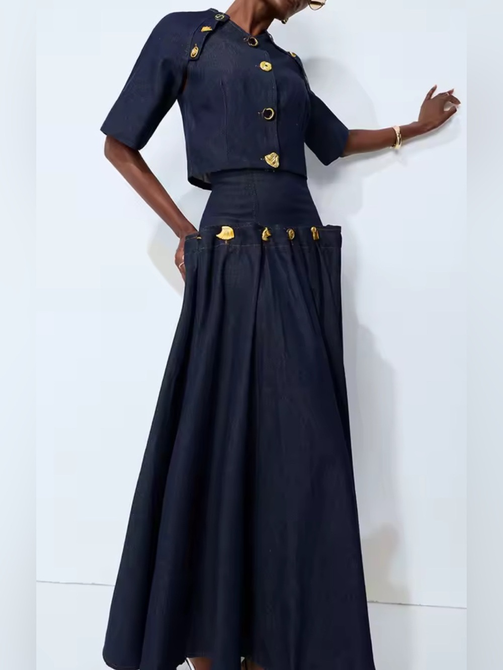 NEW $325 Giana Reve Navy Maxi Skirt Trendy Set with Gold Accent